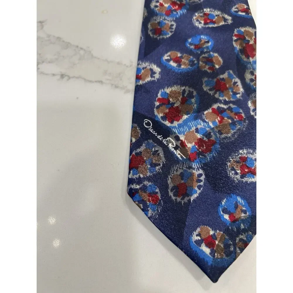 Oscar De La Renta Men’s Necktie Blue‎ 3.75” Silk Blend Geometric Logo Vtg Tie